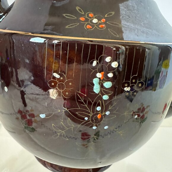 1940 - 1950's Vintage Japanese Moriage Teapot Brown Betty Style Glazed Gold Trim - Picture 6 of 14